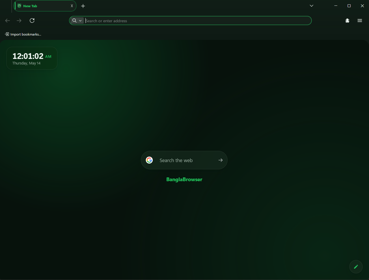 BanglaBrowser dark green new tab screen